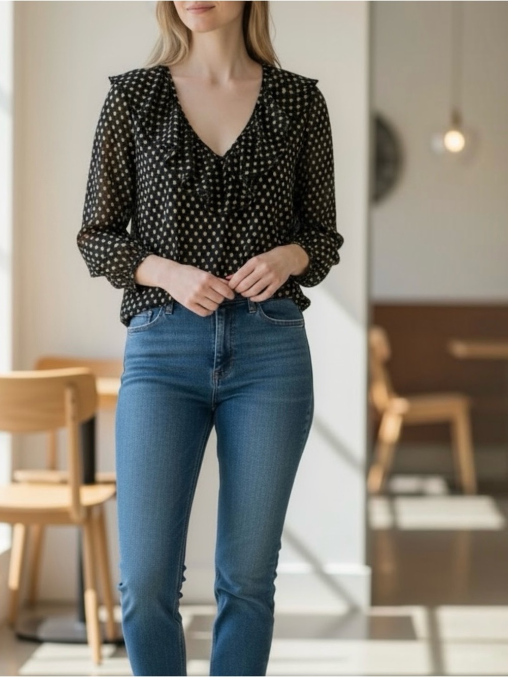 LOFT Womens XS Black Floral Ruffle V-Neck Bracelet Sleeve Sheer Lined Blouse